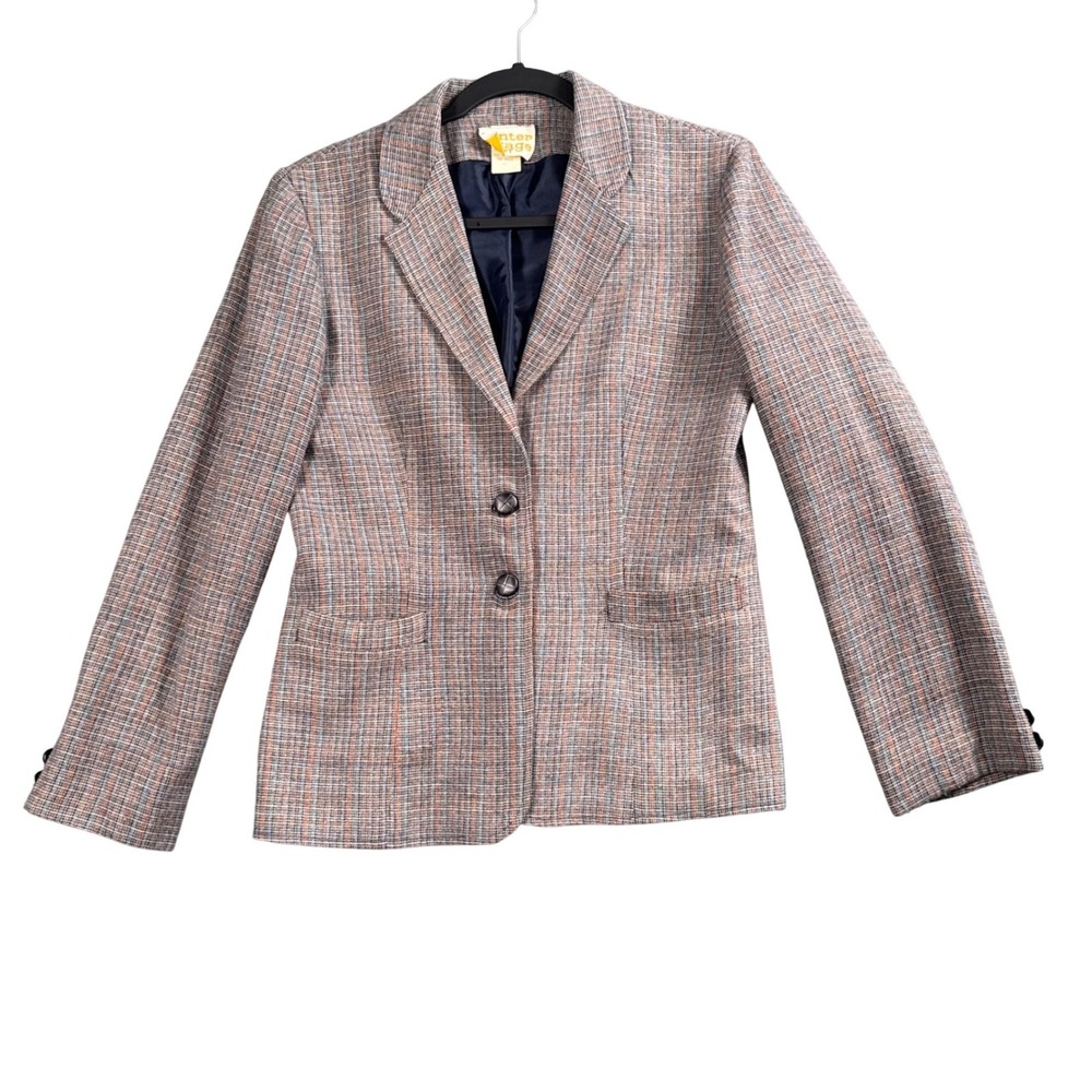 VTG‎ Center Stage Plaid Blazer Women 10 Blue Orange Wool Blend Academia Jacket